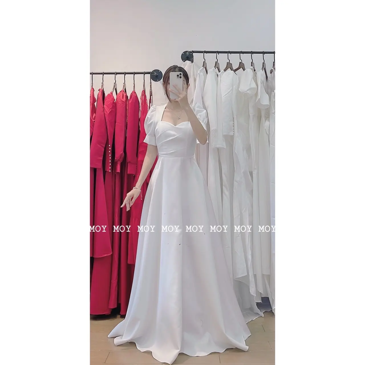 Váy dài xoè cổ vuông tay ngắn phồng khoét lưng đan dây- Váy cưới thiết kế đi bàn, chụp ảnh đơn giản, nhẹ nhàng, thanh lịch-X366