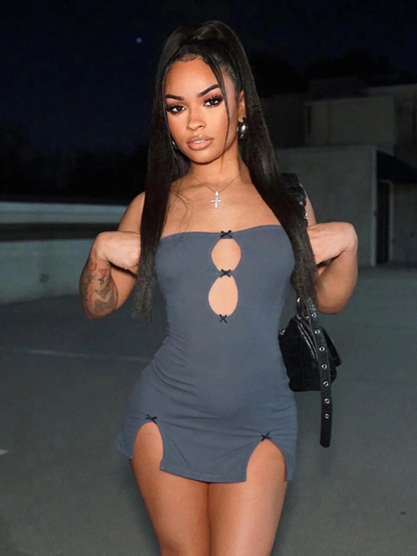 Women's Plain Bow Decor Cut Out Split Thigh Bodycon Dress, Y2k Outfits, Street Fashion Sleeveless Mini Tube Dress for Nightclub Party, Ladies Summer Clothes Valentine's Day, gift
