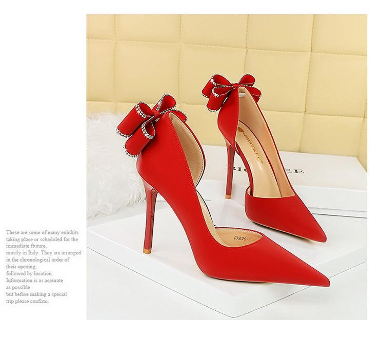 Product Introduction of 626-H36M European and American Style Banquet High Heels Stiletto High Heels Shallow Pointed Toe Side Cutout Rhinestone Back Bowknot Single Shoes kitten  heels 13