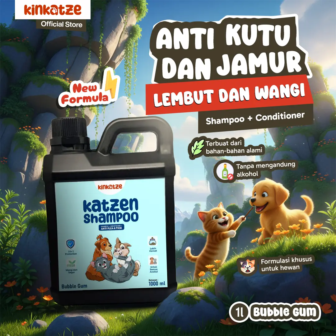 KINKATZE Shampoo Conditioner Anti Kutu & Jamur Bubble Gum 1 Liter 3in1 l Shampo Kucing Anjing