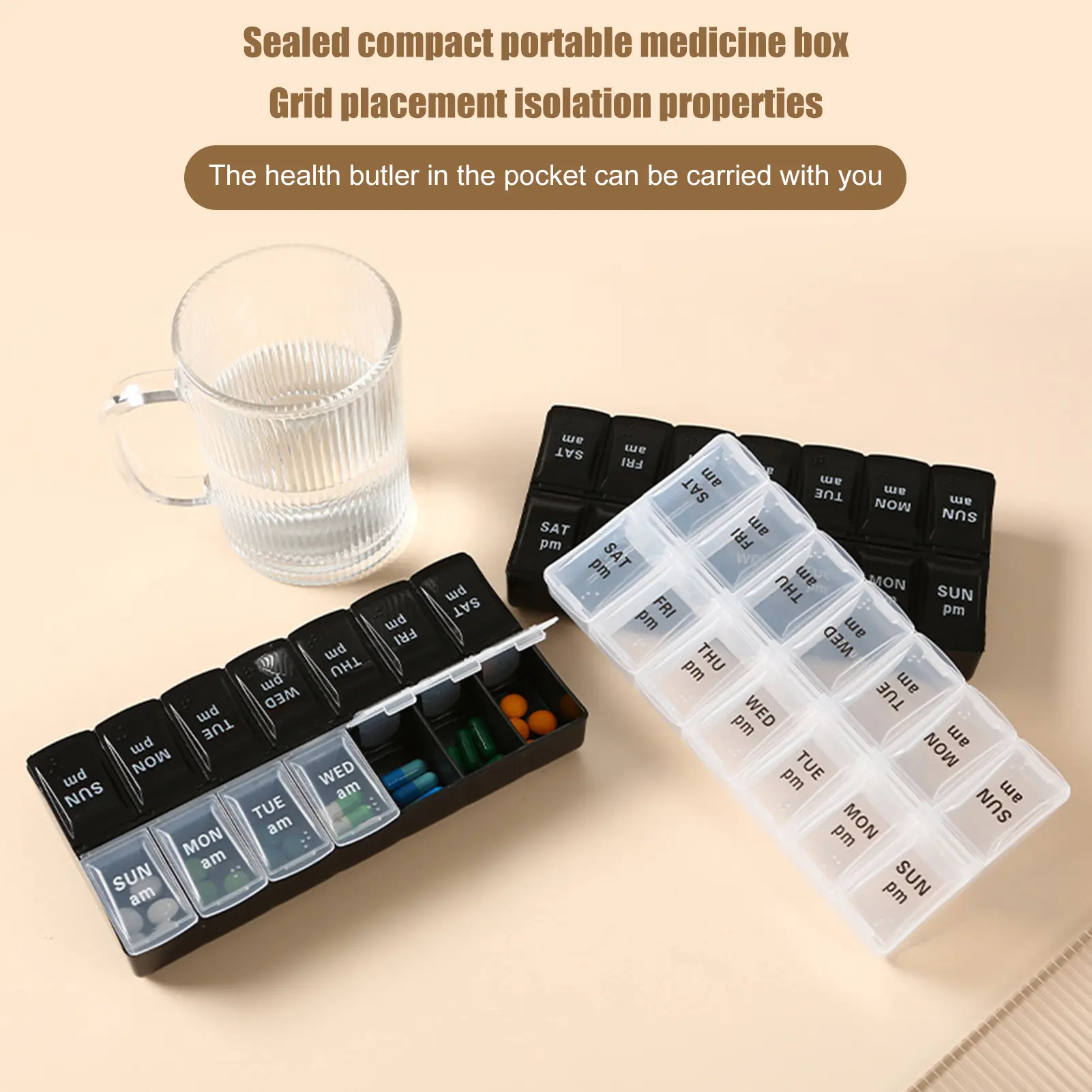 Gavinty Pill Organizer with Letters Double Rows 14 Grids Independent Lid Sealing Moisture-proof 7 Days Weekly Tablet Box Home Supply