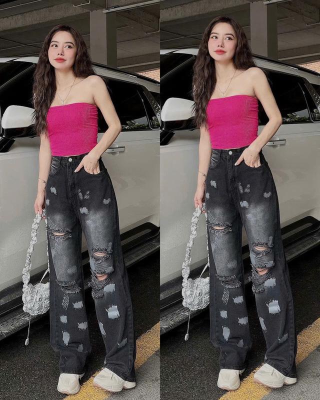 QUẦN JEANS NỮ CẠP CAO ĐEN RÁCH GỐI TUA RUA VẨY SƠN CÁ TÍNH , QUẦN BÒ NỮ WASH LOANG MÀI ĐÙI CHẤT JEANS QC DÀY ĐẸP CHUẨN SHOP Pants