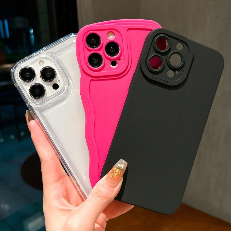 Solid Color Wave Design Phone Case, 3 Counts Anti-fall Fully Edged Mobile Phone Case, Shockproof Cases Cover Phone Cases for iPhone X 11 12 13 14 15 Pro Max iPhone 16 Series 1