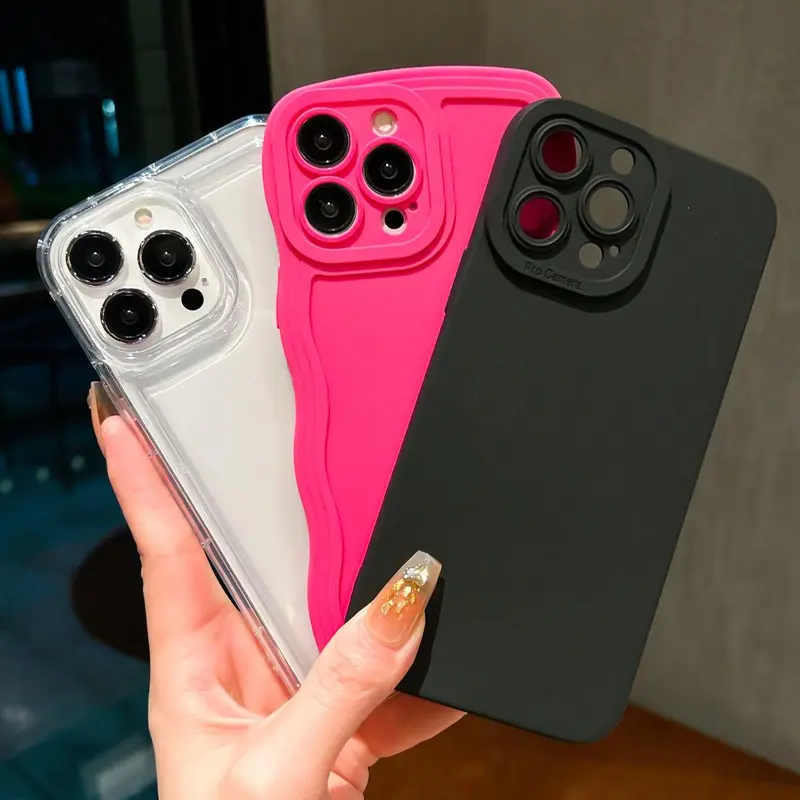 Solid Color Wave Design Phone Case, 3 Counts Anti-fall Fully Edged Mobile Phone Case, Shockproof Cases Cover Phone Cases for iPhone X 11 12 13 14 15 Pro Max iPhone 16 Series 1