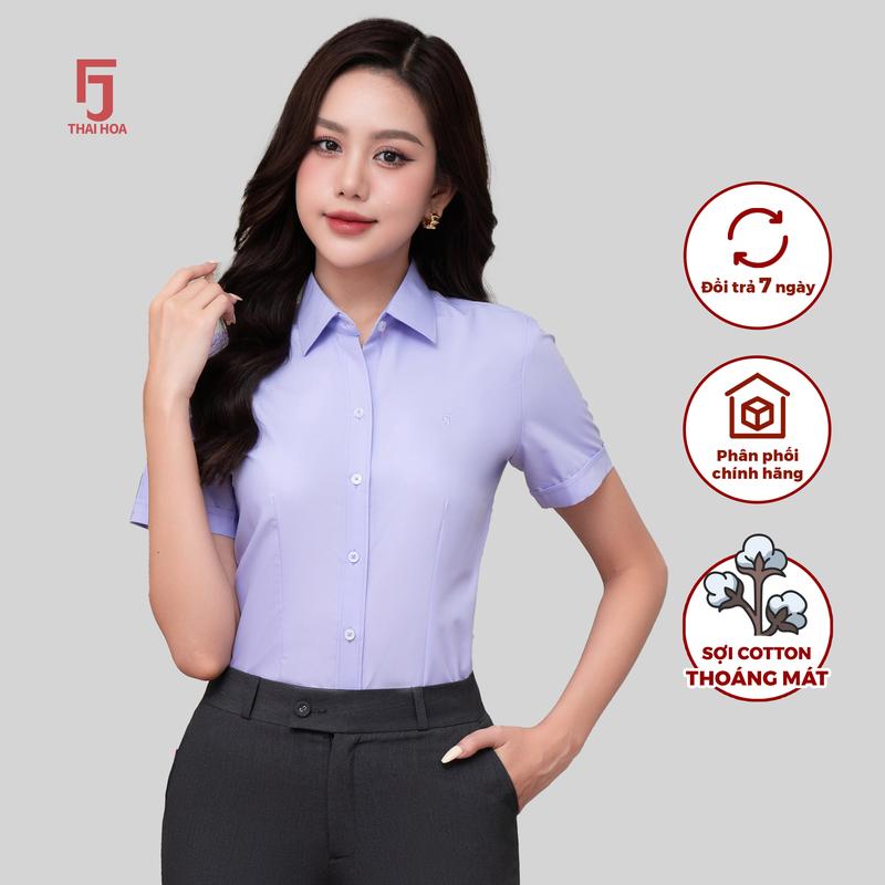 Set Áo R01 tím vải cotton trơn & Chân váy 239 Xám, form slimfit có chiết ly eo Thái Hòa