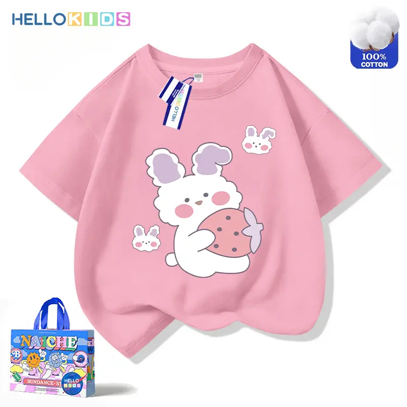 Áo Thun ngắn Tay 100% Cotton, In Hình Thỏ Ngọt Ngào Và Dễ Thương, Dành Cho Thời Trang Trẻ Em, Quần Áo Bé Gái, Áo Cổ Thuyền Dáng Rộng 0
