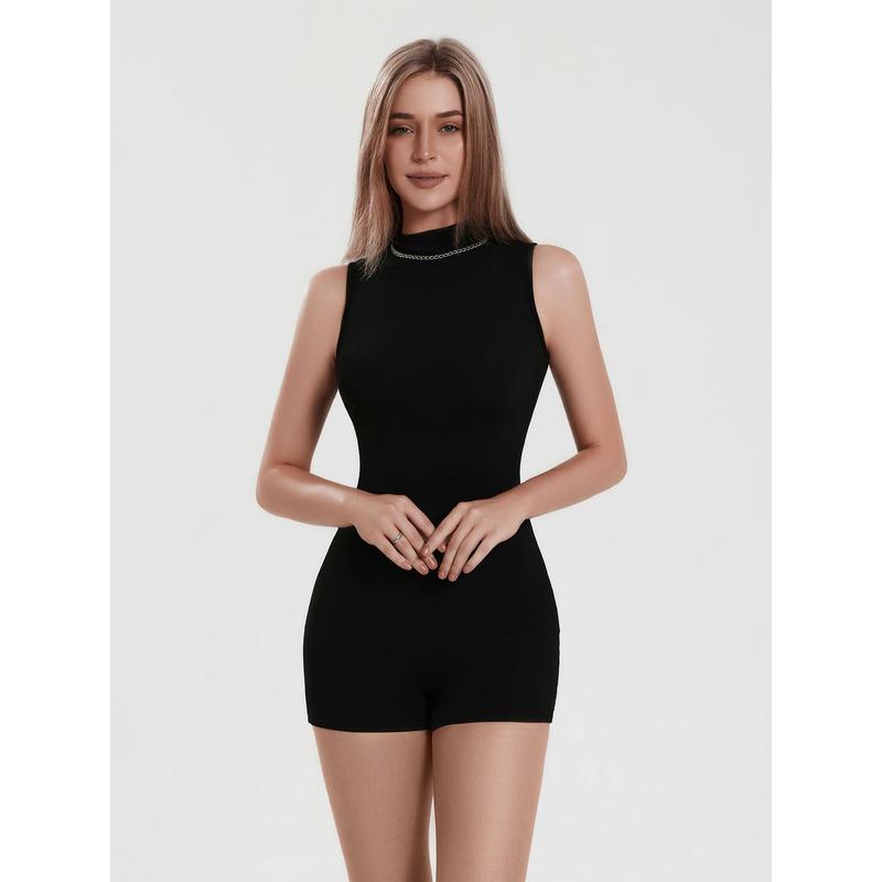Women Solid Color Playsuits Mock Neck Sleeveless Skinny Short Jumpsuits Summer Casual Bodysuits Rompers 7