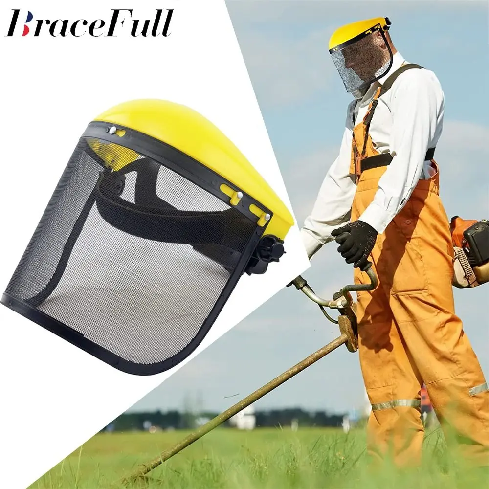 Topi keledar pemangkas rumput muka penuh, pelindung muka jaringan bernafas, topi keledar taman, visor anti percikan, perlindungan taman luar Kuning Outdoor