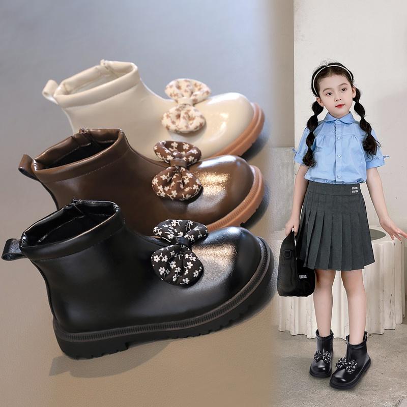 Bốt Bé Gái, Giày Bốt Cho Bé Da Mềm Đính Nơ Hoa Vintage, Boot Cổ Ngắn, Bos Trẻ Em Gái Sz 26-36