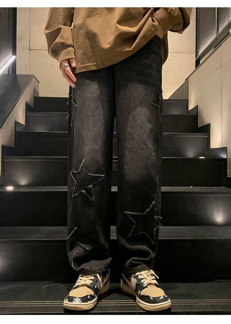 Product Introduction of Pants Men's Ins Fashionable Loose Wide-Leg American Vibe High Street Jeans Men's Fashionable Fried Street Ruan Shuai Straight Men's Pants Sneaker 32