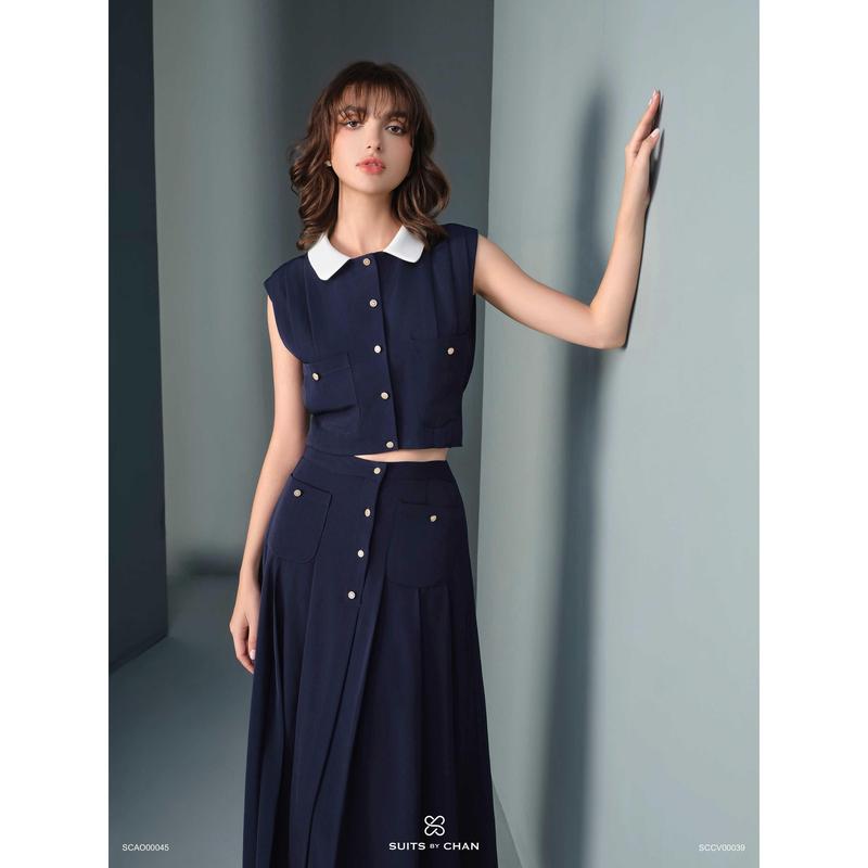 SUITS BY CHAN - Áo cổ sen phối nút, Váy dài xếp li dáng A - SCAO00045 SCCV00039 Nữ Women 3