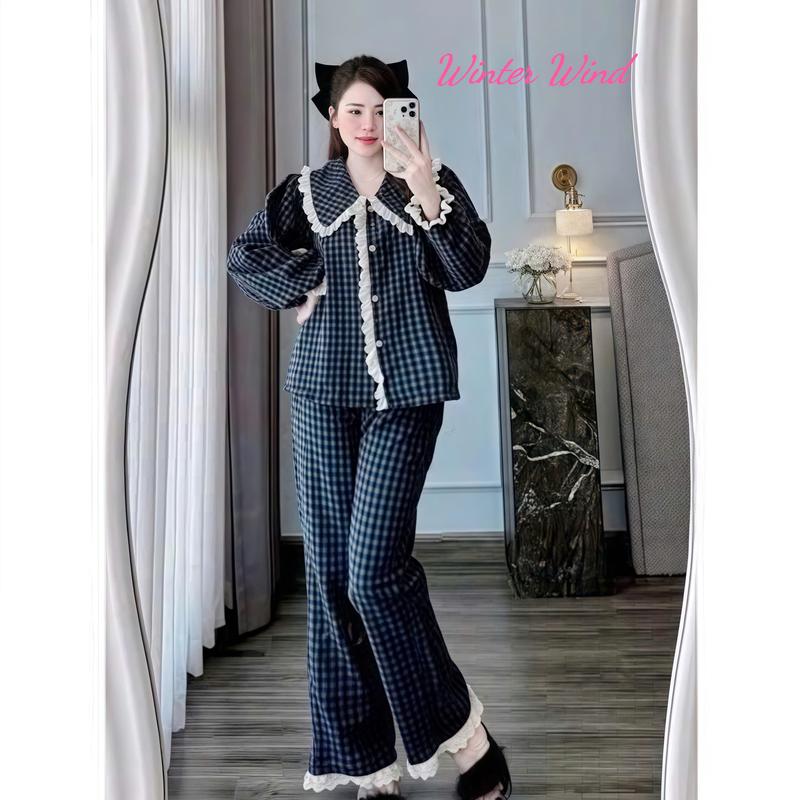 (Winter Wind) SÉT BỘ PYJAMA DÀI KẺ BÈO CÚC REN XINH SIU HÓT Win002 6