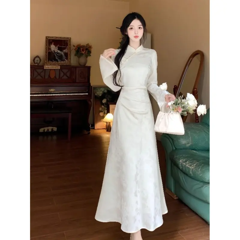 Thời trang nữ，Váy Phong Cách Trung Quốc Cổ Điển Thời Trang, Khóa Chân Đế Cổ Áo, Bộ Sưu Tập Mùa Thu 2024, Sườn Xám Cải Tiến Eo, Thanh Lịch, Váy Dài, Dành Cho Nữ 8