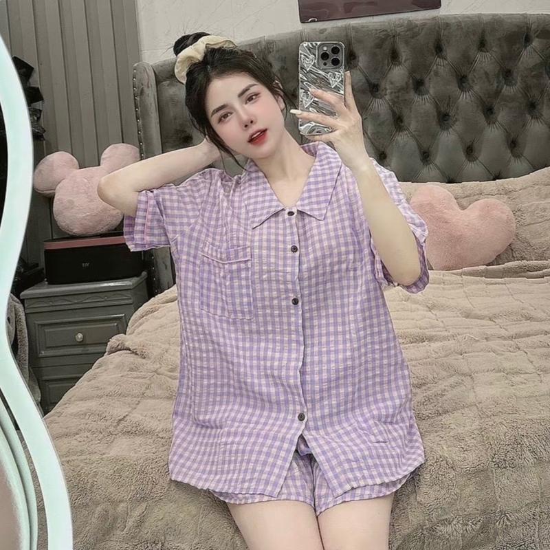 Set Bộ Ngủ Pijama Kẻ Caro Cổ Nhọn 1