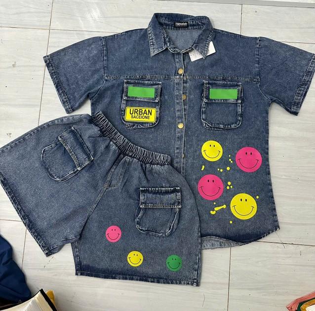 Product Introduction of Sét jeans đùi túi hộp hai bên in túi áo mặt cười  quần đùi tay ngắn Nữ Women Top Pants 3