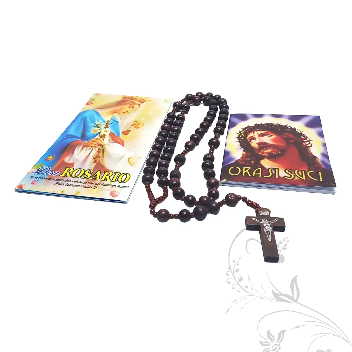 Paket: Rosario Bulir Coklat Tua -ORASI SUCI-Lembaran Doa Rosario/Kontas Rosario Katolik