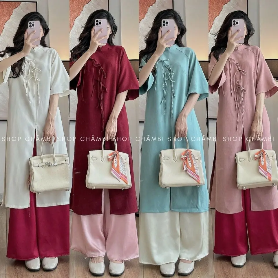 [XẢ HÀNG] [KO KÈM MẤN] Set áo dài nữ S.210, Set áo dài cách tân cổ tàu tay lỡ 3 nơ to dọc thân cùng màu - Shop Chấm Bi