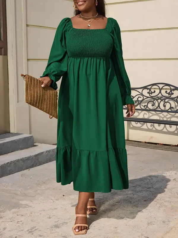 CURVZY Plus Size Plain Shirred Ruffle Hem Autumn Aesthetic Milkmaid Flounce Sleeve Dress, Plus Casual Square Neck Long Sleeve A Line Dress for Daily Wear, Fall & Winter Clothes, Casual Dresses 3