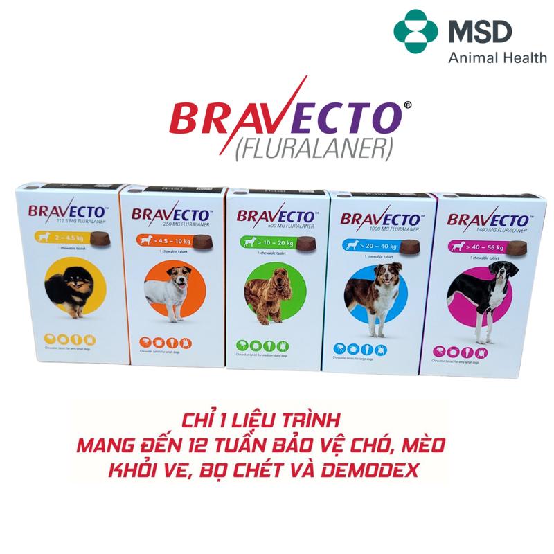 BRAVECTO TỪ 2-56KG VIÊN NHAI TRỊ VIÊM DA DO VE, RẬN, GHẺ, XÀ MÂU
