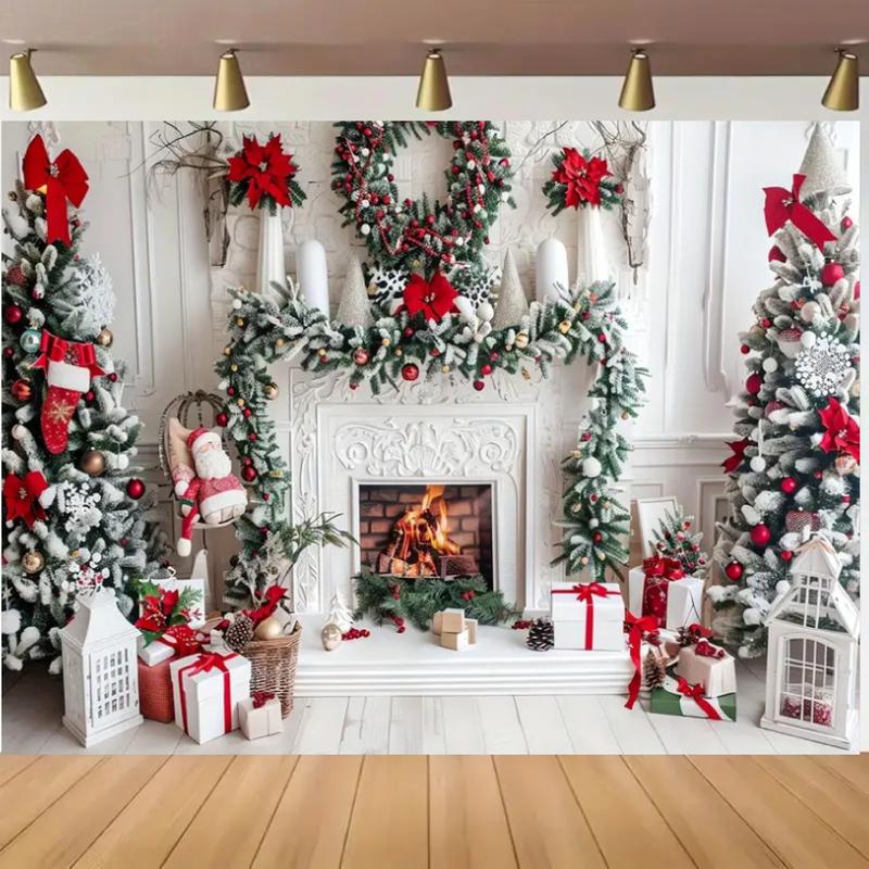 Merry Christmas Vinyl Backdrop - 5x3ft/5x7ft with White Fireplace, Tree, Gift Box & Wreath Designs for Holiday Party Decorations 0