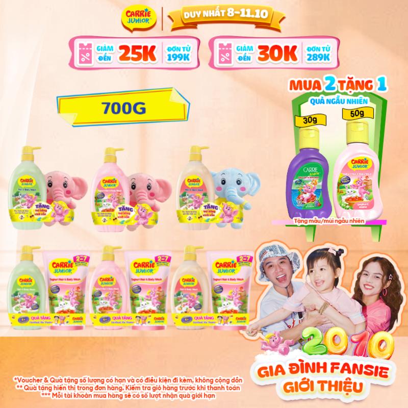 [TẶNG TÚI 380G/280G/VOI BÔNG] Chai Sữa Tắm Gội cho bé Carrie Junior Yoghurt 700g + Tặng kèm Túi 380g/280g/Voi bông (mùi ngẫu nhiên)