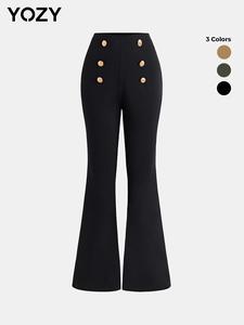 YOZY Women's Solid Double Button Flare Leg Pants, Casual Comfy Bell Bottom Trousers for Spring & Fall, Women's Bottoms for Daily Wear