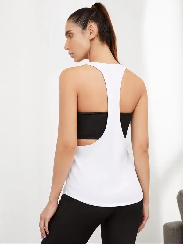 Women's Solid U Neck Racerback Sports Vest, Sporty Comfy Breathable Tank Top for Indoor Outdoor Wear, Ladies Sportswear for Yoga Gym Workout, Workout Sets Women 7
