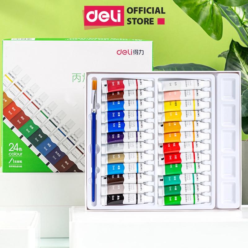 Màu Nước Acrylic Dạng Tuýp 5ml Deli - Kèm Cọ, Khay Màu - Màu Tươi Đặc Nhanh Khô Chuyên Nghiệp