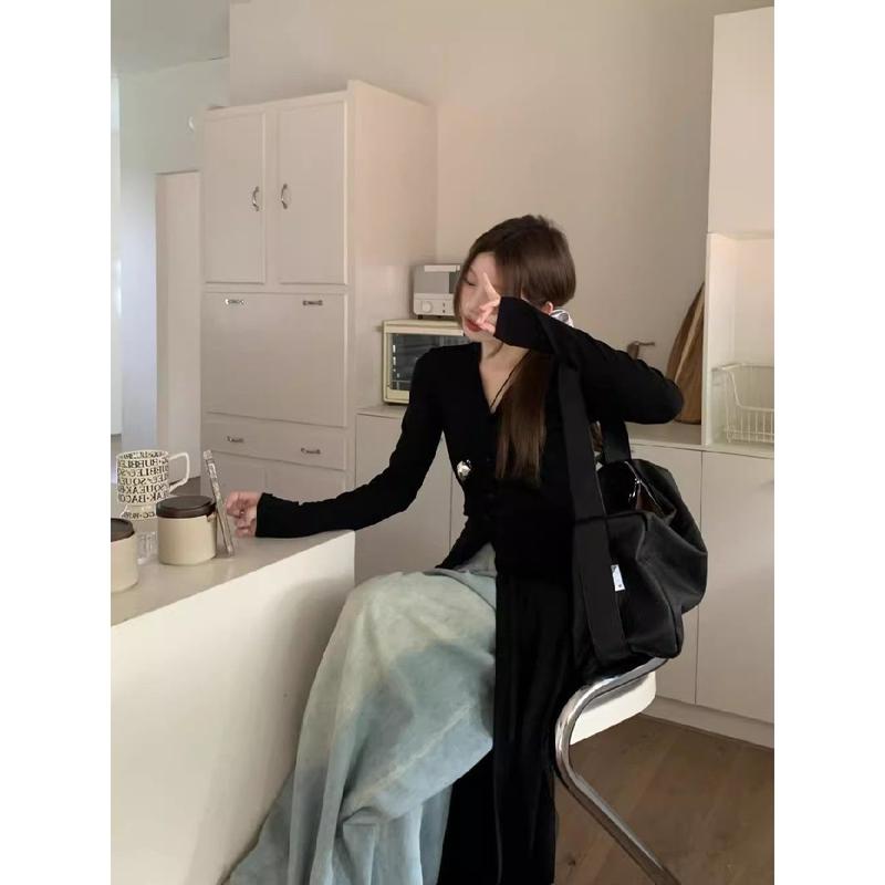 Product Introduction of Idle style V-neck long-sleeved cardigan single-breasted T-shirt skirt women's new fashionable elegant slim slimming mid-length top Casual Womenswear Dress Lingerie 8