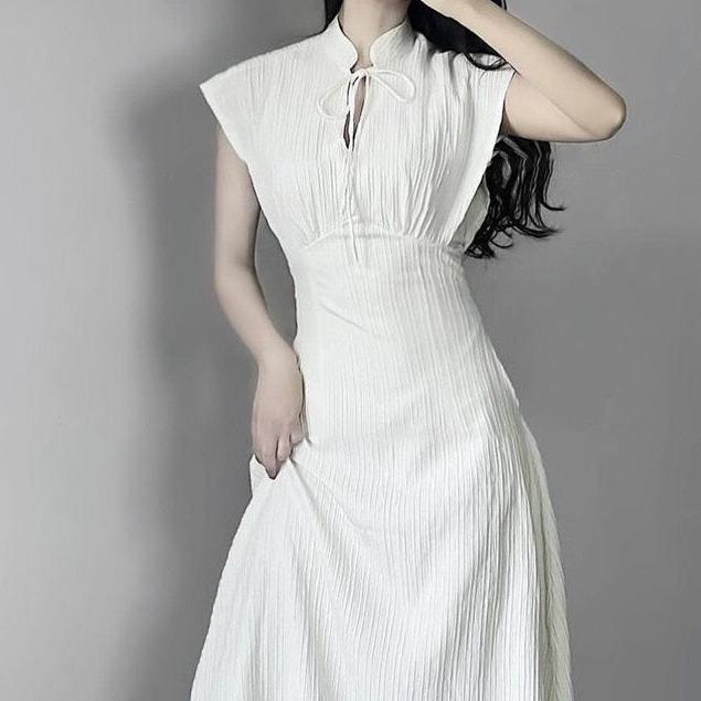 VÁY TRẮNG/ ĐEN DÁNG DÀI, TAY LIỀN CỔ TẦU DÂY BUỘC 2 LỚP [GÓI HỘP CHỈNH CHU] 2