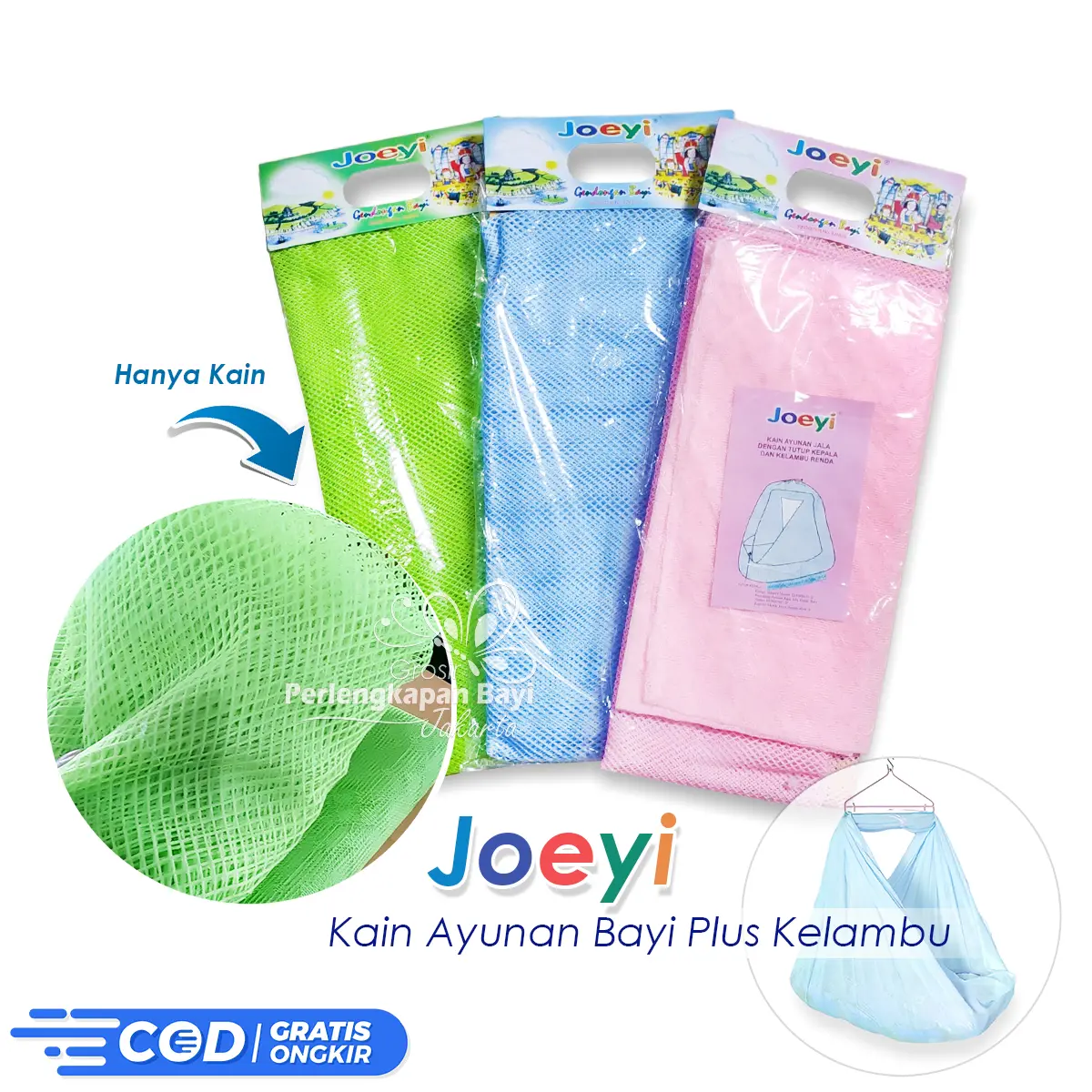 Kain Ayunan Bayi Joeyi Dengan Kelambu Murah Hijau Biru & Pink