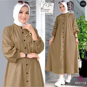 Piya midi dress Gamis wanita kekinian Modern Terbaru Tangan Balon Muslim Wanita Linen Rami Premium Adem Nyaman Kancing