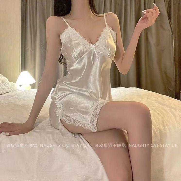 Product Introduction of ⚡Cash commodity and quick delivery⚡Nightdress 2024 Sexy New Suspender Lace Ice Silk Pajamas Seductive Hot Ultra-Thin Women's Night Skirt Suit Wanmg3cby 11