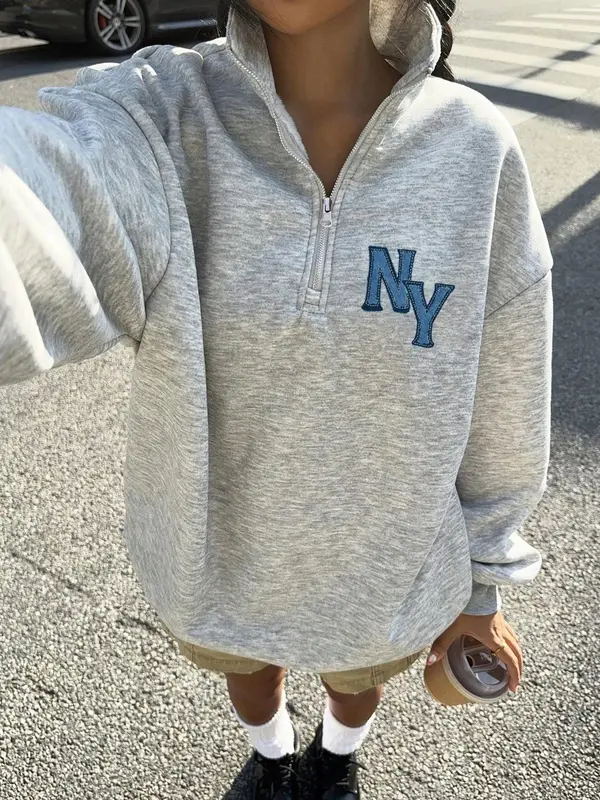 Women's Letter Print Drop Shoulder Half Zip Sweatshirt, Casual Long Sleeve Funnel Neck Pullover for Fall & Winter, Women's Clothes for Daily Wear 0