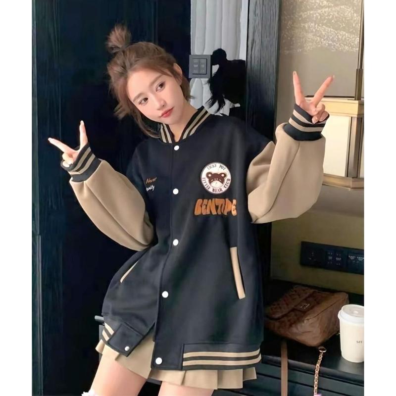Áo khoác bomber nữ thêu gấu Bentipec chất dạ dày dặn cúc bấm sắt form dưới 65kg chống nắng 4