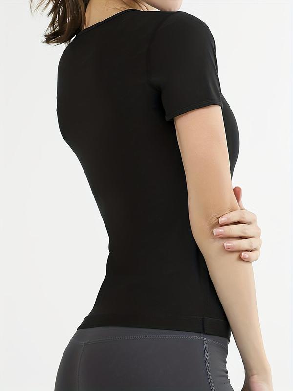 Women's Solid Round Neck Short Sleeve Sports Tee, Casual Style Crew Neck Sauna Top for Workout Gym Running Wear, Women Sport & Outdoor Clothing for Summer 3