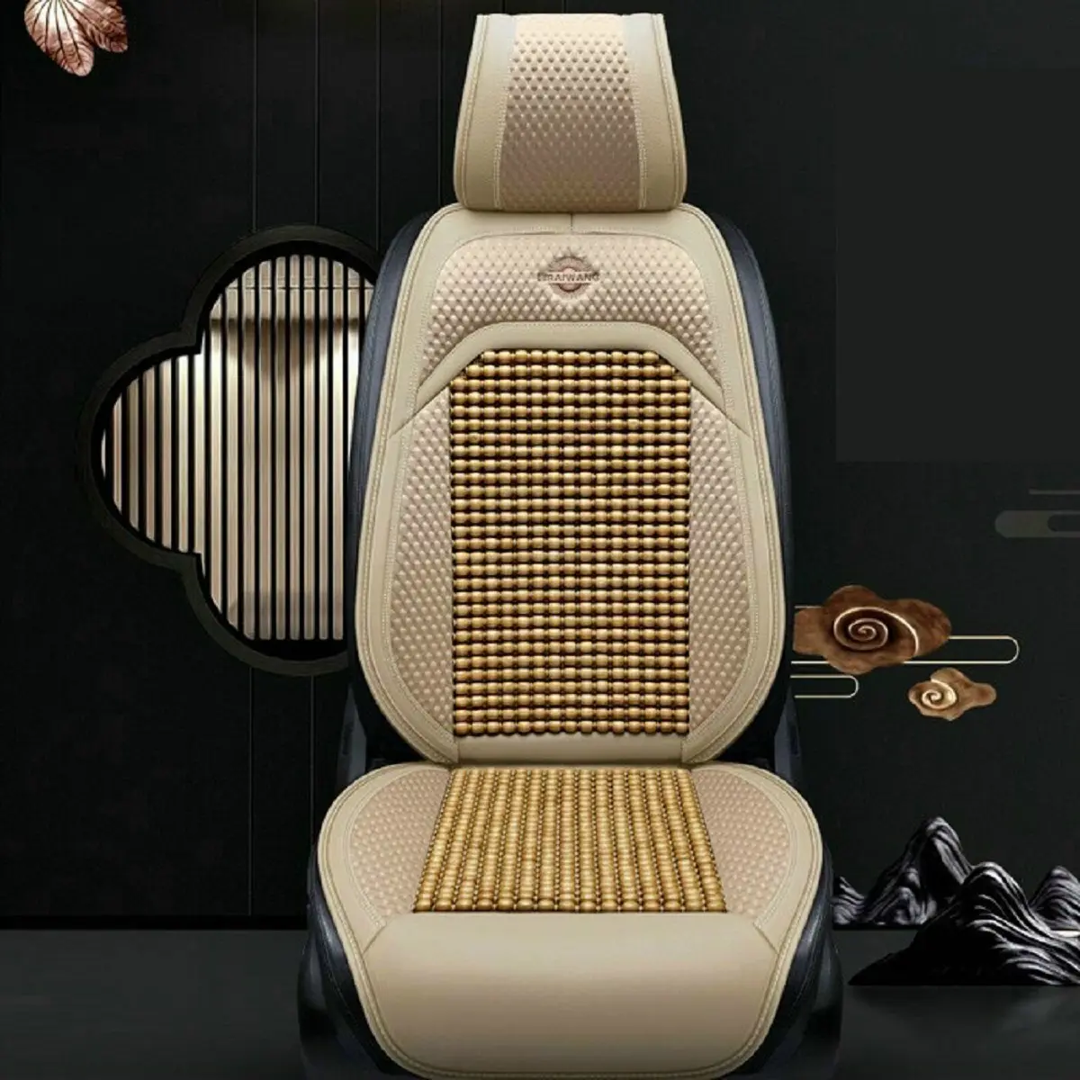 Lót Ghế Hạt Gỗ Ô Tô Phối Da Cao Cấp Libai - Lót Ghế Xe Hơi Chống Nóng, Thoáng Khí, Massage Lưng, Bảo Vệ Da Ghế Xe