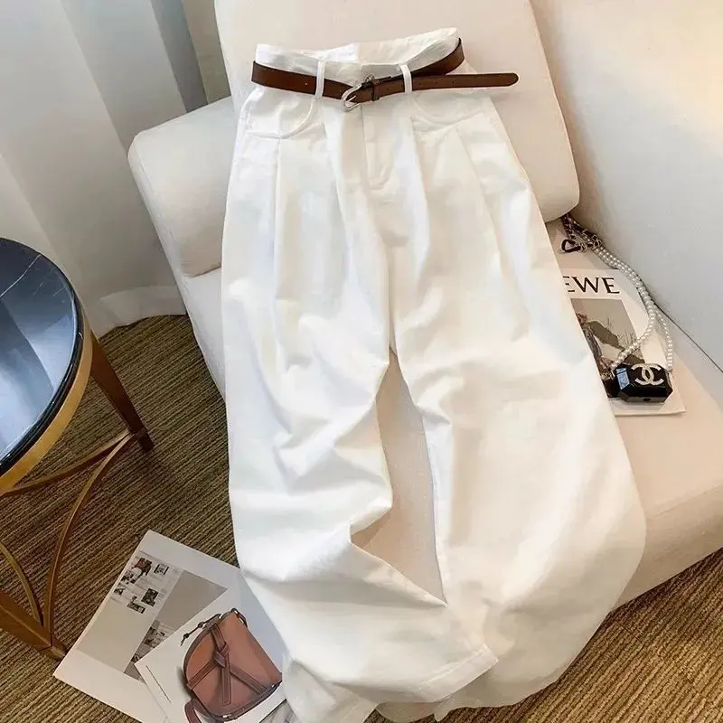 Quần Jean Ống Rộng Cạp Cao Màu Trắng, Dành Cho Nữ, Hàng Mới Về Mùa Xuân, Thiết Kế Đẹp, Xếp Ly, Dáng Rộng Rãi Và Bó Sát, Phong Cách Xếp Nếp, Quần Lau Nhà Thường Ngày