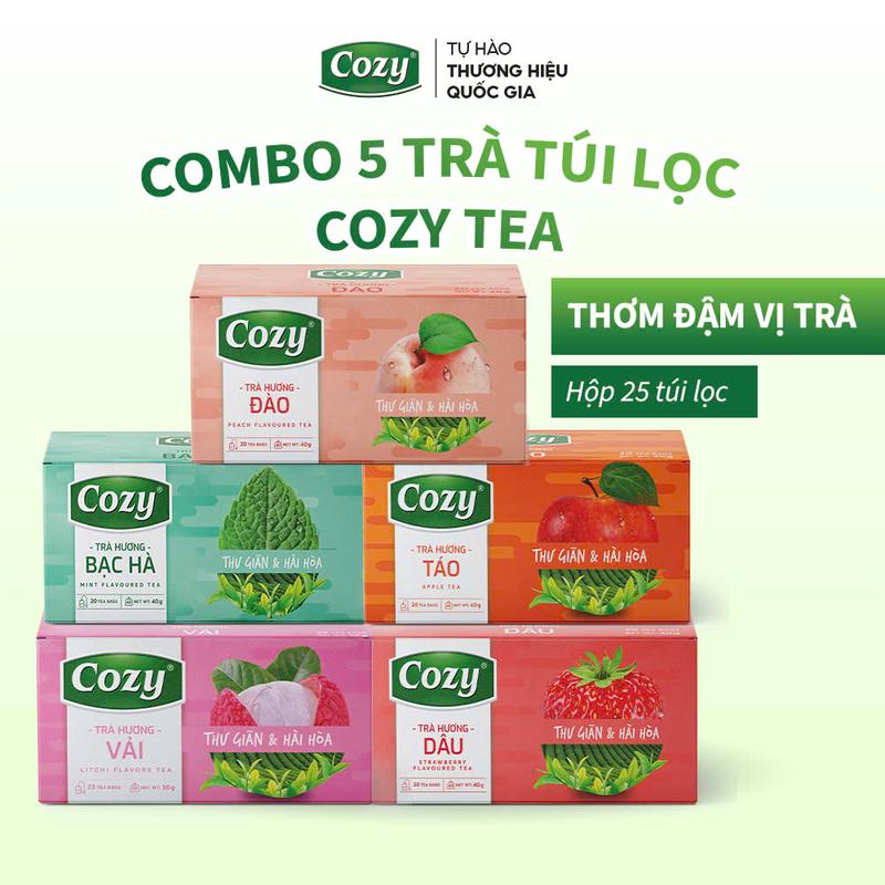 Combo 5 Trà Cozy Tea Túi Lọc Vị Hoa Quả: Trà Đào, Trà Bạc Hà, Trà Dâu, Trà Vải, Trà Táo Thanh Nhiệt, Tươi Mát Nước Trà Thơm, Chè Sạch Tươi Nguyên Chất