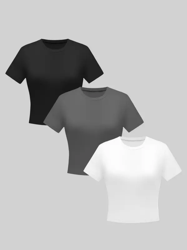 Women's Plain Round Neck Baby Tee, Casual Elegant Short Sleeve T-shirt, T Shirts for Women, Ladies Summer Clothes for Daily Wear, Summer Tops, Womenswear, Tshirt Everyday 5