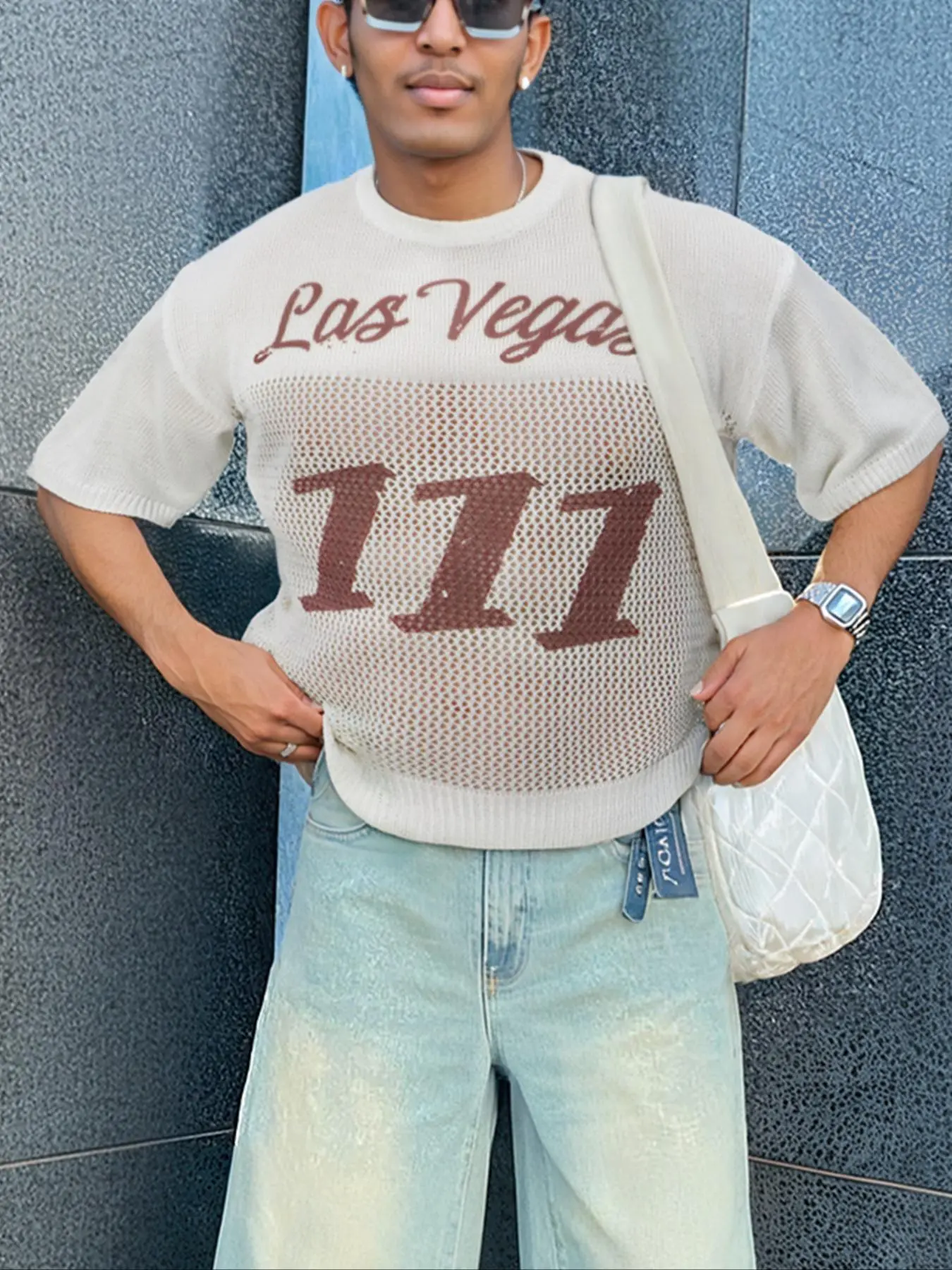 Men's Letter & Number Print Hollow Out Sweater, Loose Casual Half Sleeve Round Neck Jumper for Summer, Fashion Men's Knitwear for Daily Wear, Tops