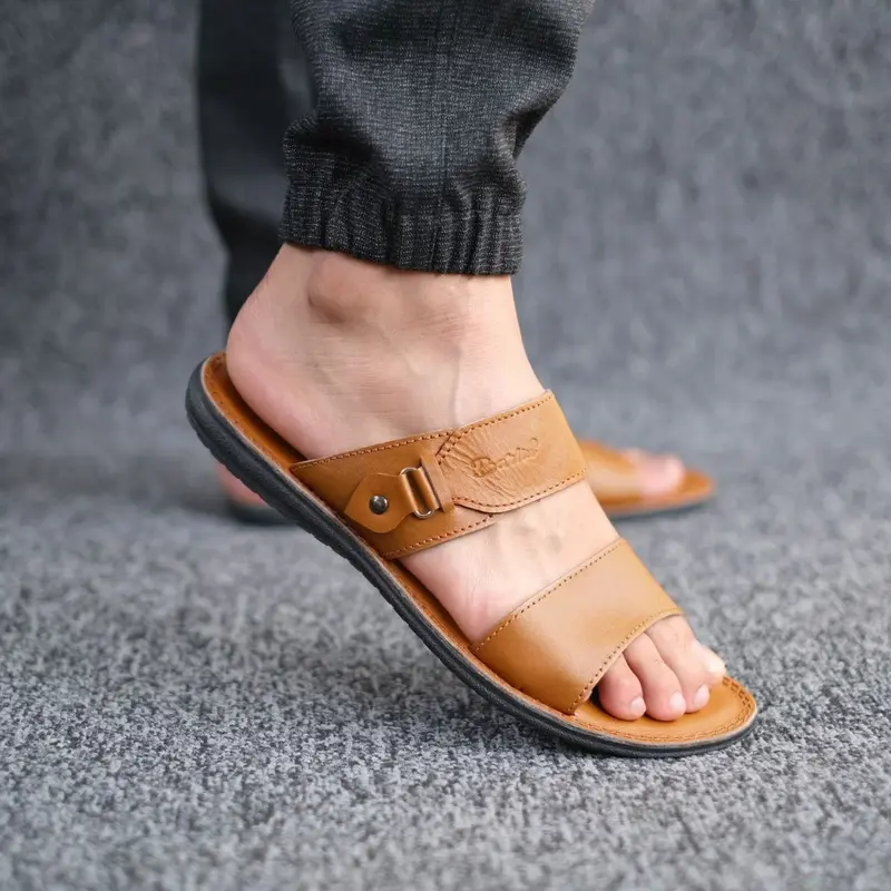 Sandal Slide Pria Kasual Kulit Asli Original - Sandal Selop Pria Laki Cowok Kulit Asli Barlin Original - Sandal Kulit Terbaru Keren Modern Kekinian - 1