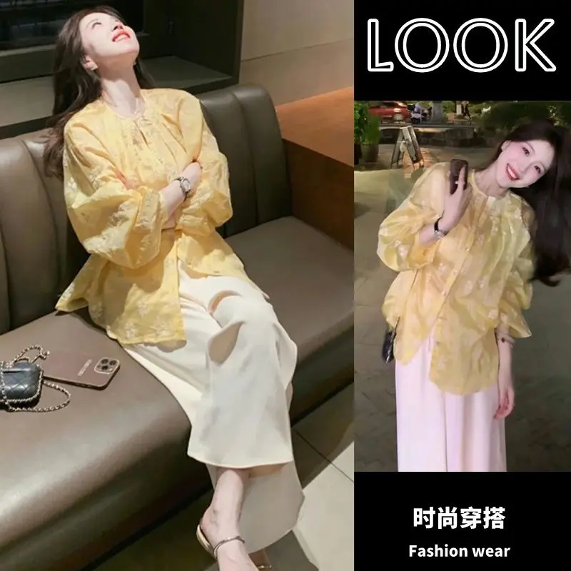 Bộ Đồ Hai Mảnh Phong Cách Hàn Quốc, Cho Mùa Hè, Hàng Mới Về Năm 2024, Áo Cardigan Dài Tay, Quần Ống Rộng Cạp Cao Women Top Nữ Lưng Cao