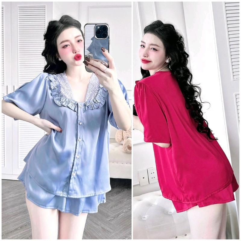 Đồ Bộ Nữ BIGSIZE Tiểu Thư Nút Ngọc Áo Tay Ngắn Quần Đùi Có Túi Lụa Trơn Latin Mềm Mát Pha Ren Đồ Ngủ Pyjama Xinh Xắn Women Voi Xanh Kem Nhung bo la sleep home wear set bongu rose pijama quyen ru