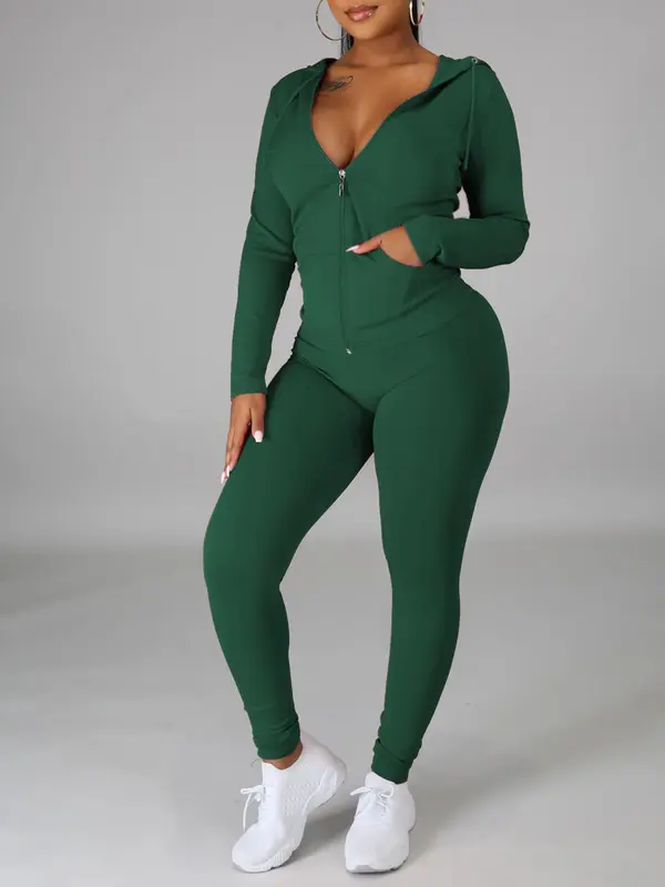 【Plus Size】 Two-Piece Set Solid Zip Up Pocket Hooded Jacket & Pants, Casual Long Sleeve Hooded Top & Trousers for Spring & Fall, Women's Clothes for Daily Wear 2