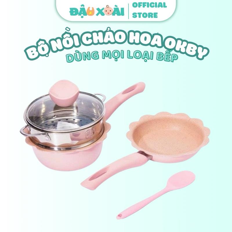 Bộ nồi chảo hoa Okby ăn dặm chống dính 16cm, nồi quánh cháo, quánh bột cho bé ăn dặm