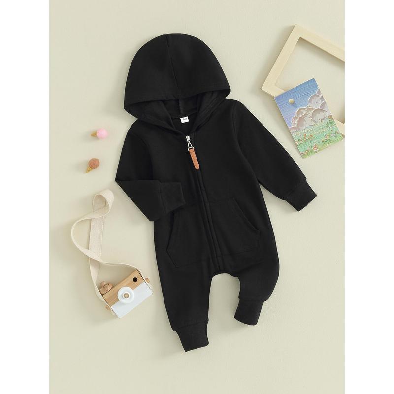 Áo liền quần cho bé, Áo liền quần dài tay có mũ trùm đầu Zip-up Solid Fall Romper Quần áo cho bé trai bé gái Jumpsuit 1
