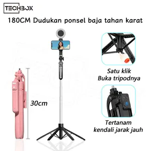 Tech B17 180cm Tongsis Tripod 4 Kaki Tripod 7 Tombol Remote Control Bluetooth Selfie Stick HP Kamera DSLR Tongsis Stainless Steel Tripod Dengan 1/4 Adaptor Panjang Lampu Holder