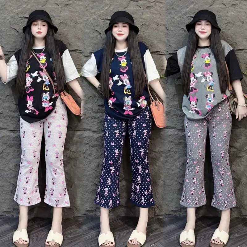 sét bộ nữ Thun gân tăm hoạt hình quần loe_Kèm hình thật trải sàn_set loe Big Size ML