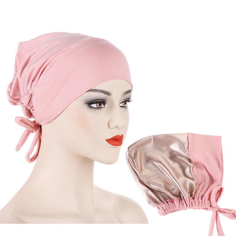 Instant Hijab Muslim Tudung Inner Hijab New Multi-color Satin Cloth Drawstring Pullover Cap Base Cap Strap Tether Cap 7